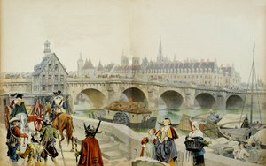 フランスの歴史。息子のルイ13世によってブロワ城に追放されたマリー・ド・メディシス（1575-1642）とその一行は、1617年にパリを離れた。モーリス・ルロワール（1853-1940）による "リシュリュー "のイラスト 作： Maurice Leloir