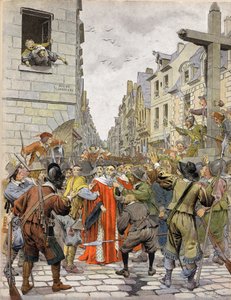 La Fronde:Journees des Barricades」（1648年8月）。トラホワールの十字架（パリのサントノレ通り（Saint-Honore）とドライアルブルの角）で、群衆は初代国会議長マチュー・モール（1584-1656）にパレRの中に入るよう要求する。