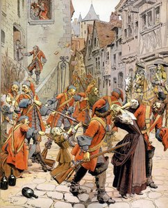 Les Dragonnades（1681-1685）：プロテスタントを改宗させることを課せられたドラゴンの部隊によるプロテスタントの家族の散り際。グスタフ・トゥトゥウェルブ作「Le Roy Soleil」（ルイ14世）のクロモグラフィー、モーリス・ルロワール（1853-1940）の挿絵 作： Maurice Leloir