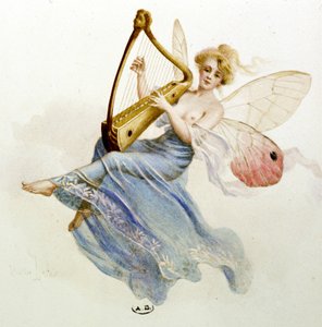 音楽：ハープを奏でる妖精。Jérome Doucetの「La chanson du mois」では 作： Maurice Leloir