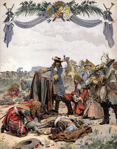 オランダ戦争中の1675年7月27日、アルザスのサスバッハ（またはザルツバッハ）付近でのアンリ・ドゥ・ラ・トゥール・ドーヴェルニュ子爵（1611-1675）の死。グスタフ・トゥトゥウェルブ作「ル・ロワ・ソレイユ」（ルイ14世）のクロモグラフィー、モーリス・ルロワールのイラスト( 作： Maurice Leloir