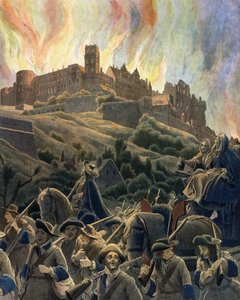 1689年と1693年のアウグスブルク同盟戦争で、メラック伯爵エチエル・デュ・マス将軍（1630-1704）のフランス軍によって爆撃されたハイデルベルク城の火災。グスタフ・トゥトゥウェルブによる「Le Roy Soleil」（ルイ14世）のクロモグラフィー、Illu 作： Maurice Leloir