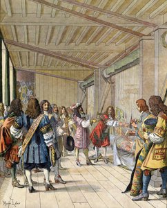製造所の責任者である画家のシャルル・ルブラン（Le Brun）（1619-1690）は、ル・ロワ・ソレイユ（ソレイユ王、ルイ大帝）として知られるルイ14世に説明しました。 作： Maurice Leloir