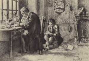 父が仕事をしている間に読書をする若き日のジャン＝ジャック・ルソー（グラビア 作： Maurice Leloir