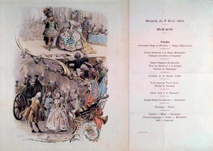 モーリス・ルロワール（1851-1940）が描いた衣装を着た舞踏会やガランテのシーンのイラストが入った結婚式のメニュー、1900年6月4日