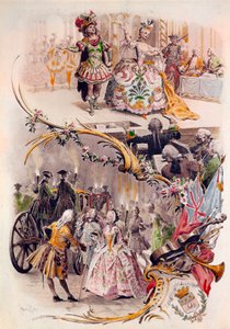 モーリス・ルロワール（1851-1940）が描いた衣装を着た舞踏会やガランテのシーンのイラストが入った結婚式のメニュー、1900年6月4日 作： Maurice Leloir