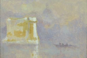霧に包まれた白い煙突（紙に水彩） 作： モーリス・ルーヴリエ