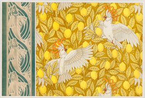レモンの壁紙オウムとトビウオ、パブの壁紙ボーダーのデザイン。 1897年。 作： Maurice Pillard Verneuil