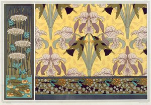 壁紙の縁取り、ファブリック、パネルのデザイン: トンボ、スイレン、開花ラッシュ、パブ。 作： Maurice Pillard Verneuil