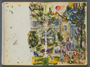 スケッチブック- グラニット・ショア・ホテル、ロックポート、158ページと159ページ：家と庭 作： Maurice Prendergast