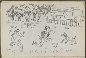 スケッチブック『デルス』127号、107ページ：人物と犬のいる風景 作： Maurice Prendergast