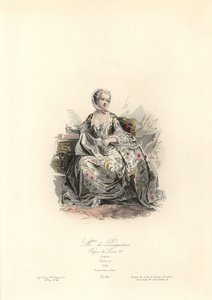 ジャンヌアントワネット・ポワソン、ポンパドゥール夫人（1721年-1764年）はルイ15世の愛妾だった。モーリス・クエンティン・ド・ラ・トゥール（1748年～55年）を模したポリドール・ポーケによる手彩色スチール版画、ポーケ兄弟の「歴史的様式と衣装」より。 作： Maurice Quentin de la (after) Tour