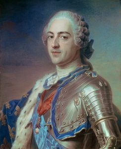 鎧をまとったルイ15世（1710年-1774年）の肖像、聖霊の勲章と金の羊毛の紐を持つ。モーリス・クエンティン・ドゥラトゥール（クエンティン・ドゥ・ラ・トゥール、クエンティン・ドゥ・ラトゥール）によるパステル画（1704年～1788年 作： Maurice Quentin de La Tour