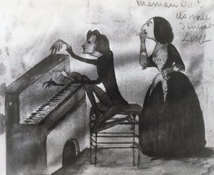 フランツ・リスト（1811-1886）とジョージ・サンド（1804-1876）の風刺画（1832年、ノアンにて） モーリス・サンド（1825-1889）が描いたもの。
