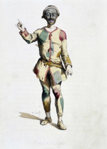 ハーレクイン（アルレッキーノ）は、モーリス・サンドの文と絵、A.マンソーの版画、ジョルジュ・サンドの序文で構成されたイタリアの喜劇「仮面と花束」から描かれています。