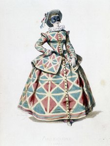 1855年のハーレクインの衣装と仮面、コメディア・デラルテのハーレクインの女性キャラクター。モーリス・サンド（1823-1889）の文と絵、ジョルジュ・サンドの序文による『マスクとブフォン』からのA.マンソーの版画。