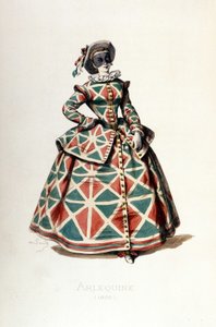 1855年のハーレクインの衣装と仮面、コメディア・デラルテのハーレクインの女性キャラクター。モーリス・サンド（1823-1889）の文と絵、ジョルジュ・サンドの序文による『マスクとブフォン』からのA.マンソーの版画。