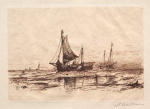 スヘフェニンゲンのビーチでの漁船 作： Maurits Frederik Hendrik De Haas