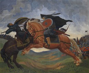 1380年のクリコヴォフィールドでのペレスヴェトとテミール・ムルザの一騎打ち 作： Mavriki Petrovich Jacobi