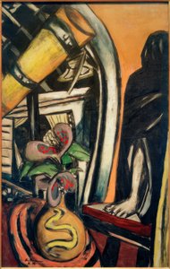 スタジオ（ナイト）です。望遠鏡とヴェールを被った人物のいる静物 作： Max Beckmann