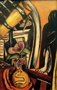 スタジオ（ナイト）です。望遠鏡とヴェールを被った人物のいる静物 作： Max Beckmann