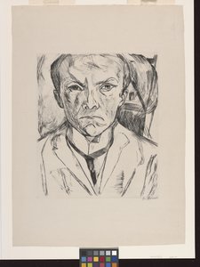背景の家の切妻と正面の自画像 作： Max Beckmann