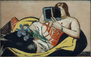 本とアヤメを持つリクライニングした女性 作： Max Beckmann