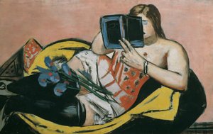 本と菖蒲で横になっている女性 作： Max Beckmann