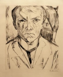正面からの自画像、背景には家の破風 作： Max Beckmann