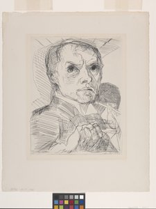 スタイラスを使用した自画像 (オフホワイトのレイド ペーパーにドライポイント) 作： Max Beckmann