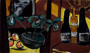 茶色と黄色の静物 (シャンパン ボトルと蘭) 作： Max Beckmann