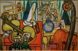 チェロとバス・ヴァイオリンのある静物画 作： Max Beckmann