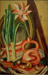 魚と紙の花のある静物画 作： Max Beckmann