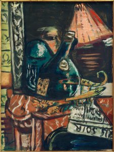 傾いた酒瓶と仏陀のある静物画 作： Max Beckmann