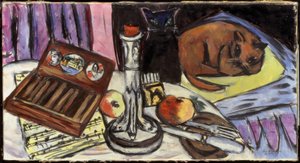 銀の燭台のある静物画（猫のいる静物画 作： Max Beckmann