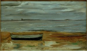 グレーのバージとグレーの海のあるビーチ 作： Max Beckmann