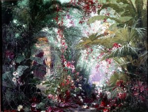リヒャルト・ワーグナーの「パルジファル」ショーの装飾：クリンザー・ガーデン。ブルックナー1882年の風景画。バイロイトのワーグナー博物館。 作： Max Bruckner