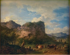 オーバーアウドルフ近くの岩肌の前の牛 作： Max Joseph Wagenbauer