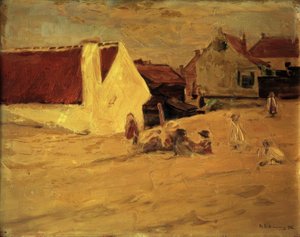 遊んでいる子供たちのいる村の広場 作： Max Liebermann