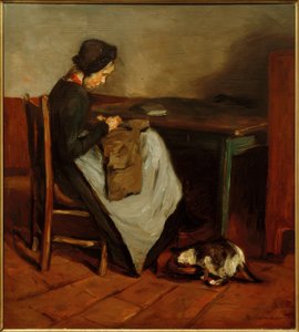 猫と少女の縫製-オランダのインテリア 作： Max Liebermann