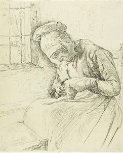 窓際で修繕する老婆 作： Max Liebermann