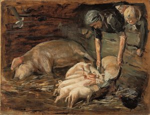 豚舎、保育園;豚の豚肉、苗床、1887 作： Max Liebermann