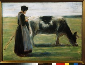 """A young girl with a cow"" (Girl with Cow) Max Liebermann によるパステル画 (1847-1935) プーシキン美術館、モスクワ 作： Max Liebermann