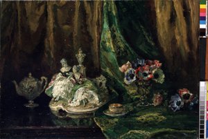 「磁器と花のある静物」 (磁器と花のある静物) マックス・ミュラー (1871-1938) の絵画 (ec. all.) キャンバスに油彩。 Mikalojus Konstantinas Ciurlionis Fine Arts Museum、カウナス、リトアニア 作： Max Müller