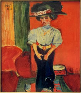 羽のついた帽子をかぶった若い女性 作： Max Pechstein