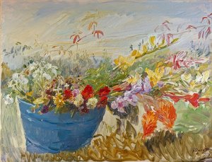 屋外の花の静物画。 1917