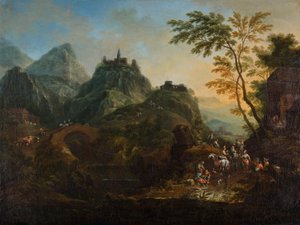 橋のある理想的な山の風景 作： Maximilian Joseph Schinnagl