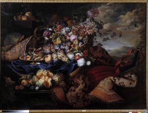 フルーツ バスケット、花、カーペットの上のリュート。 Maximilian Pfeiler (1481-1536) による絵画。 必須の言及: マルセイユのプロヴァンスに関するコレクション財団 (cm 145x196,5) 作： Maximilian Pfeiler or Pfeiller