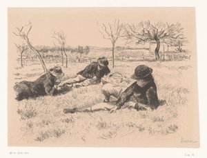 牧草地で休む 3 人の男性 作： Maximilien Luce (signed by artist)