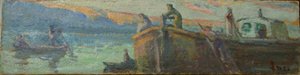 はしけとボートのある川の風景 作： Maximilien Luce